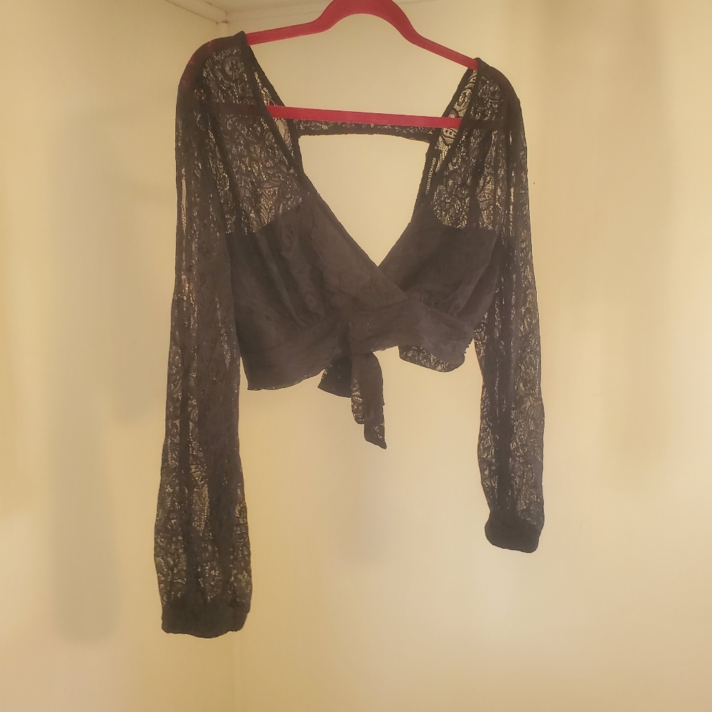 Foreign Exchange Lace Long Sleeve Open Back Crop Top